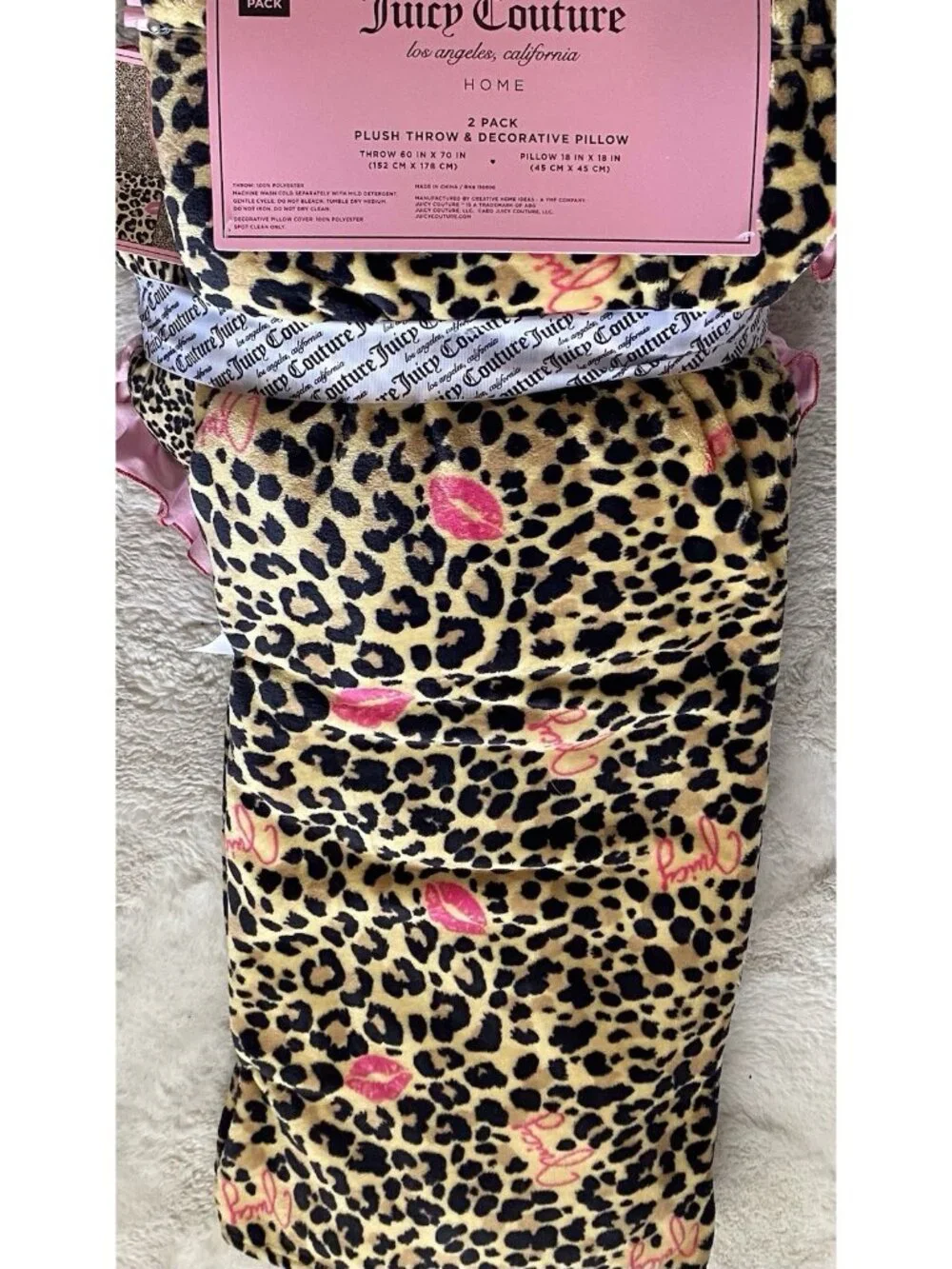 Set Juicy Couture‎ Leopard Cheetah Plush Throw Blanket 60”X70” & Pillow 18”X18”